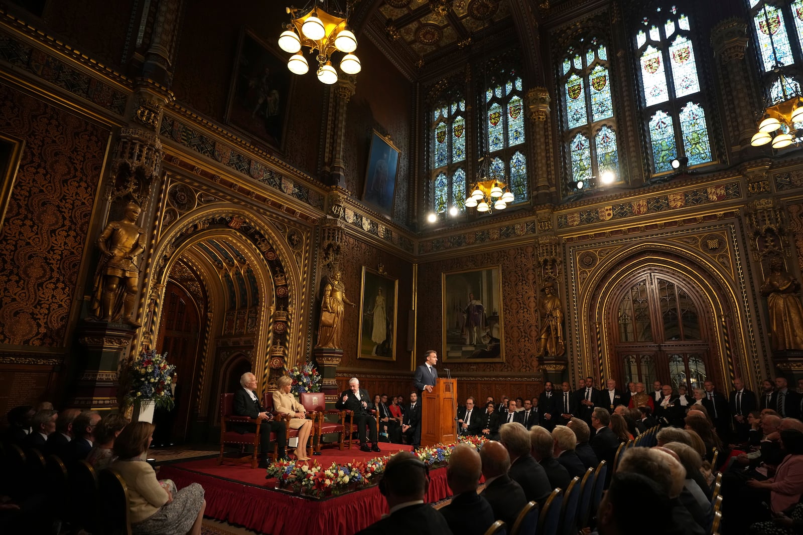 French President Emmanuel Macron addresses parliament in the Palace of Westminster, London, Tuesday, July 8, 2025.(AP Photo/Alastair Grant, Pool)