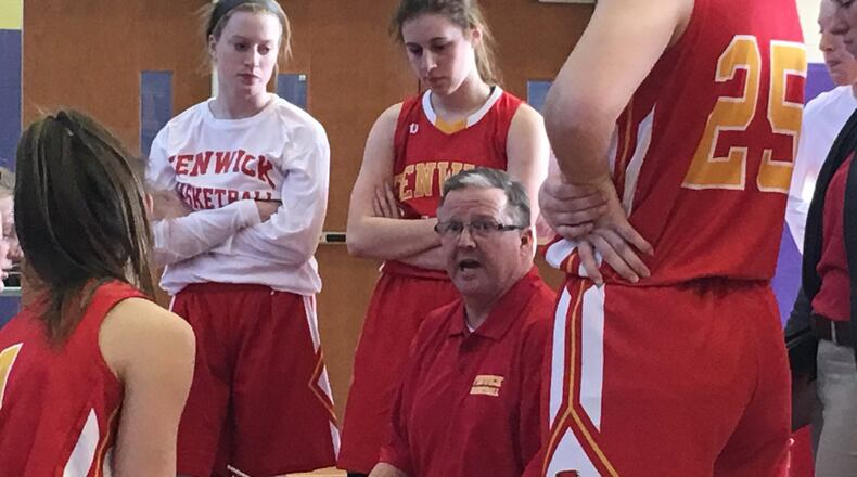 Fenwick coach John Rossi, shown during the season opener against Ashville Teays Valley in Reynoldsburg, will direct his Falcons in Friday’s championship game against Valley View in the 38th annual Miami University Middletown Holiday Tournament. RICK CASSANO/STAFF