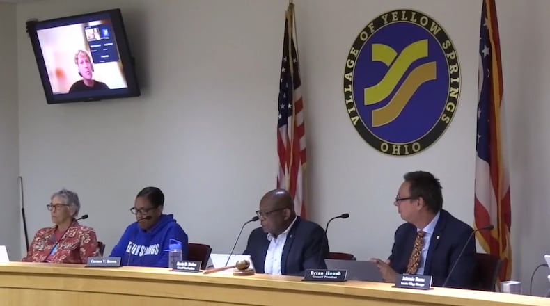 In this screenshot, from the public meeting of the Yellow Springs Village Council on October 2, 2023, council voted to remove Brian Housh (right) as village president after allegations of impairment Monday night.