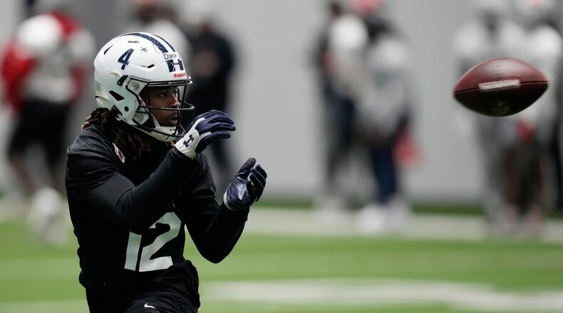 West wide receiver Dallas Daniels of Jackson State catches a pass during practice for the East West Shrine Bowl, Tuesday, Jan. 31, 2023, in Henderson, Nev. (AP Photo/John Locher)