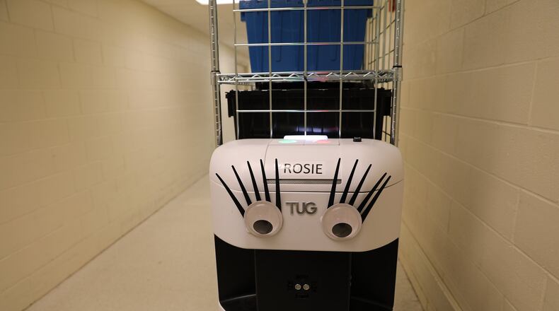 Rosie the robot delivers materials at Kettering Medical Center and Soin Medical Center. The robot can wait for an elevator, take an express ride, stop and wait for a clear path and navigate around. CONTRIBUTED PHOTO