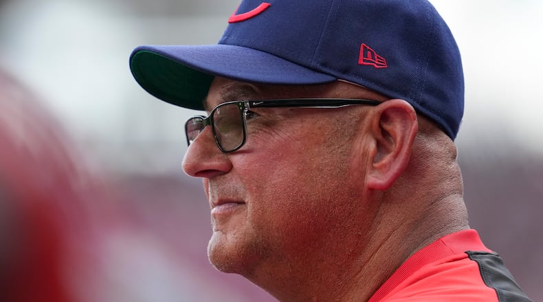 Cincinnati Reds manager Terry Francona looks on from the dugout during the sixth inning of a baseball game against the Tampa Bay Rays, Sunday, July 27, 2025, in Cincinnati. (AP Photo/Jeff Dean)