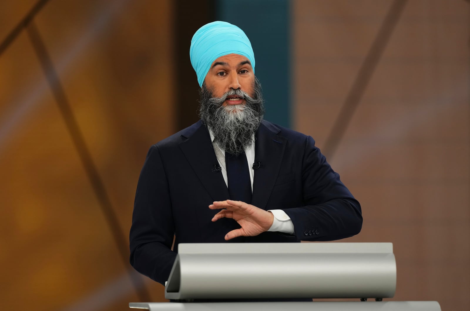 New Democratic Party Leader Jagmeet Singh participates in the French-language federal leaders' debate, in Montreal, Wednesday, April 16, 2025. (Sean Kilpatrick/The Canadian Press via AP)