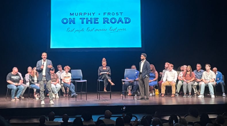 U.S. Senator Chris Murphy (D-Connecticut) and U.S. Rep. Max Frost (D-Florida) speak to an audience of about 750 people at the Victoria Theatre Saturday, July 26. State Rep. Desiree Tims (D-Dayton) took questions and introduced the two. EILEEN MCCLORY / STAFF