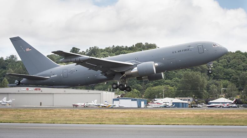 A KC-46A Pegasus tanker takes off from Boeing Field, Seattle, June 4. The KC-46 program achieved an important milestone July 6 with completion of the final flight tests required for first aircraft delivery to the U.S. Air Force. (Courtesy photo)