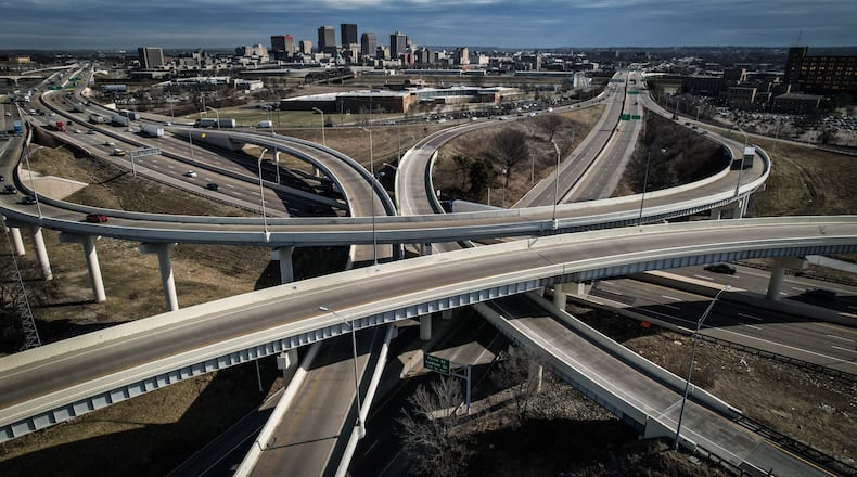 Just south of Dayton is the I75 and US 35 interchange. The interchange has four flyover ramps and around 140,000 vehicles move through this corridor every day. JIM NOELKER/STAFF