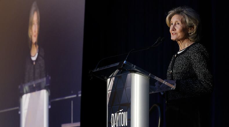 Former Ambassador to NATO, Kay Bailey Hutchison, was the keynote speaker for the Dayton Area Chamber of Commerce 2025 annual memberhip meeting, Monday. March 10, 2025 at the Dayton Convention Center. MARSHALL GORBY\STAFF