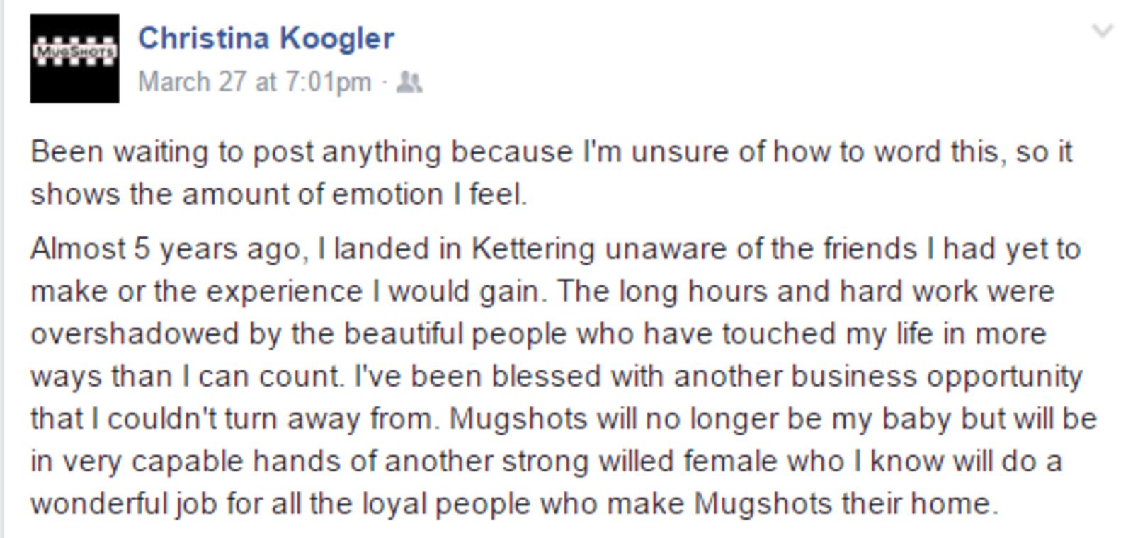 A portion of Christina Koogler's announcement on her Facebook page.