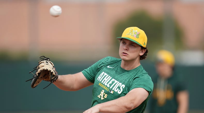 Athletics first baseman Nick Kurtz works out during spring training baseball Monday, Feb. 16, 2026, in Mesa, Ariz. (AP Photo/Ross D. Franklin)
