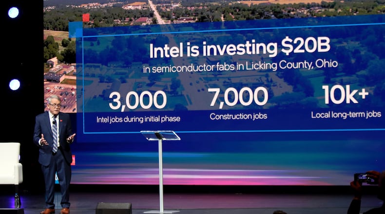 Ohio governor Mike DeWine speaks during the announcement on Friday Jan. 21, 2022 in Newark, Ohio, that Intel will invest $20 billion to build two computer chip factories on a 1,000-acre site in Licking County, Ohio, just east of Columbus. (AP Photo/Paul Vernon)