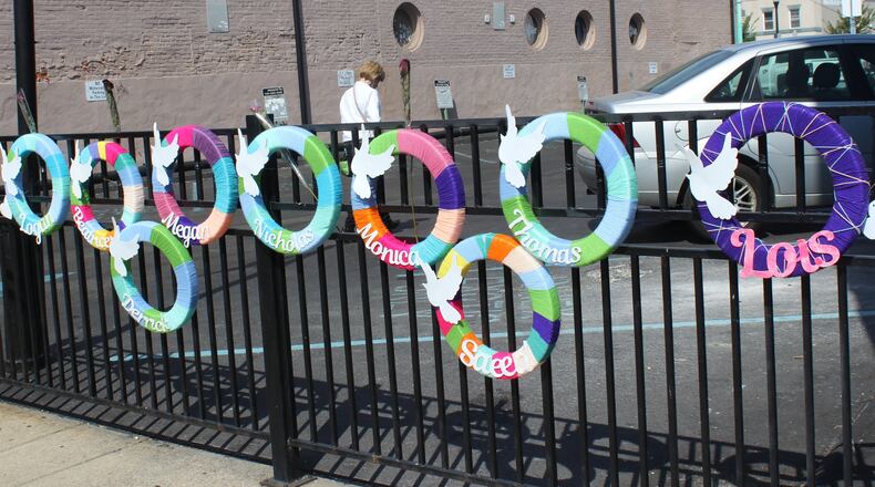 One of the tributes to the victims of the Oregon District mass shooting on East Fifth Street. Nine victims died in the Aug. 4 shooting before Dayton police killed the shooter. STAFF/BONNIE MEIBERS