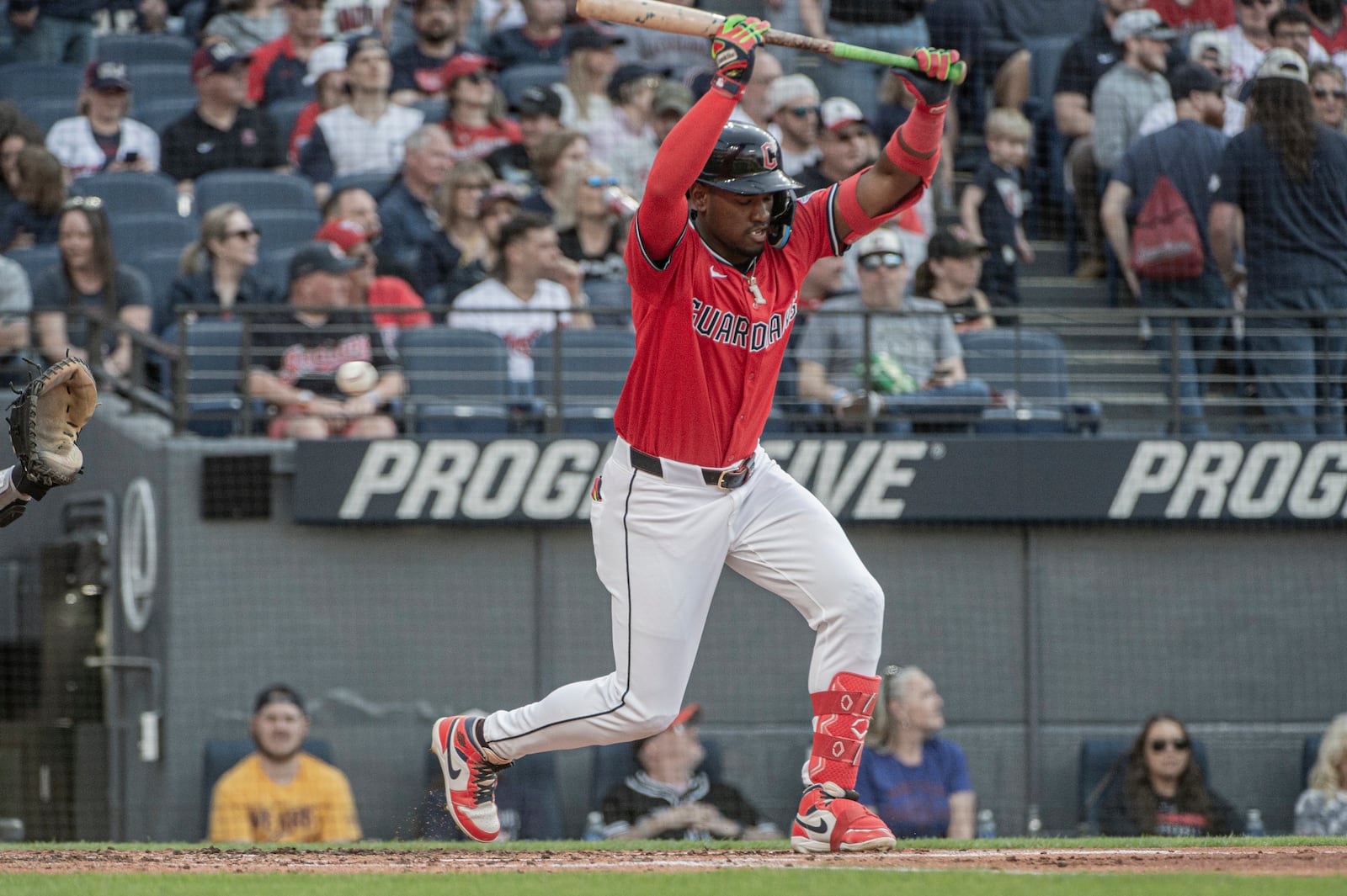 Cleveland Guardians' Angel Martinez dodges an inside pitch from Philadelphia Phillies starting pitcher Ranger Suarez during the third inning of a baseball game Saturday, May 10, 2025, in Cleveland. (AP Photo/Phil Long)