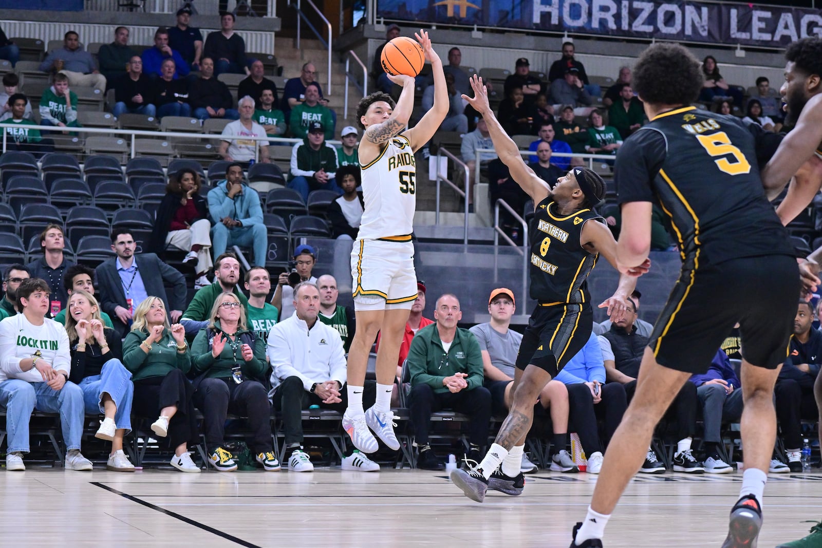 Wright State University's Michael Cooper shoots the ball during their Horizon League semifinal game against Northern Kentucky University on Monday, March 9, 2026 at Corteva Coliseum in Indianapolis. JOE CRAVEN / CONTRIBUTED PHOTO