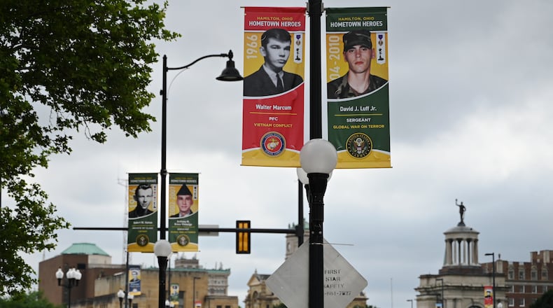 The deadline to apply for the class of 2025 Hamilton's Hometown Hero banner program ends on Feb. 28. Pictured are the banners of Marine Private 1st Class Walter Marcum and Army Sgt. David Luff Jr. banner on the High-Main Bridge. The 19 on the bridge were killed in action in service to the country. MICHAEL D. PITMAN/STAFF