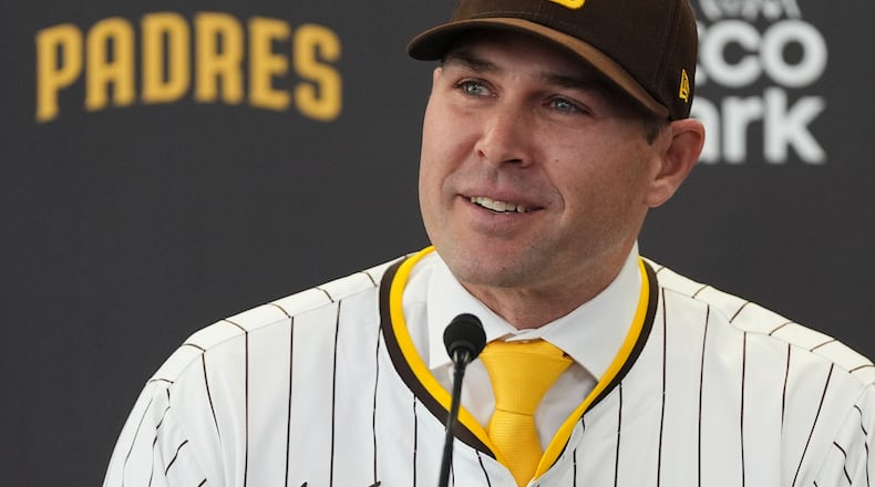 Craig Stammen speaks after being introduced as the new manager of the San Diego Padres baseball club Monday, Nov. 10, 2025, in San Diego. (AP Photo/Gregory Bull)