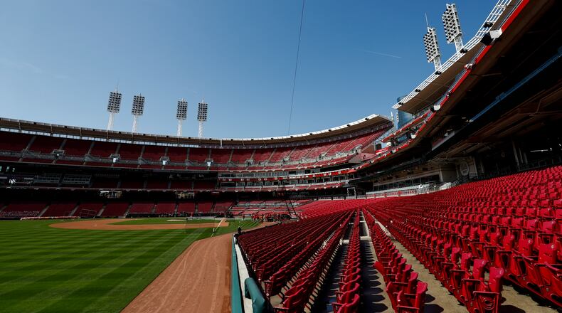 A view of Great American Ballpark during a baseball team workout in Cincinnati, Wednesday, March 31, 2021. The Cardinals play in an opening day game at the Cincinnati Reds on Thursday. (AP Photo/Aaron Doster)
