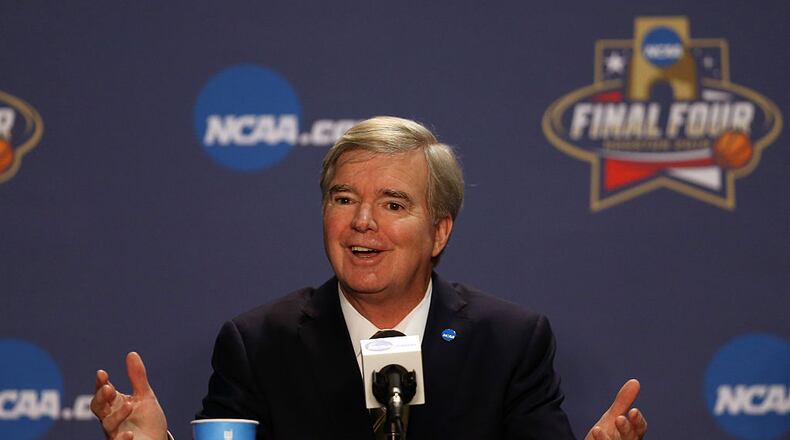 HOUSTON, TEXAS - MARCH 31: National Collegiate Athletic Association President Mark Emmert speaks during a press conference prior to the 2016 NCAA Men’s Final Four at NRG Stadium on March 31, 2016 in Houston, Texas. (Photo by Streeter Lecka/Getty Images)