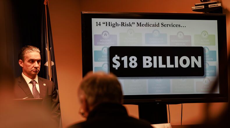 A sign is shown as first Assistant U.S. Attorney Joseph H. Thompson, not seen, delivers remarks during a news conference at the U.S. Attorney's Office inside the United States Courthouse on Thursday, Dec. 18, 2025, in Minneapolis. (Kerem Yücel/Minnesota Public Radio via AP)