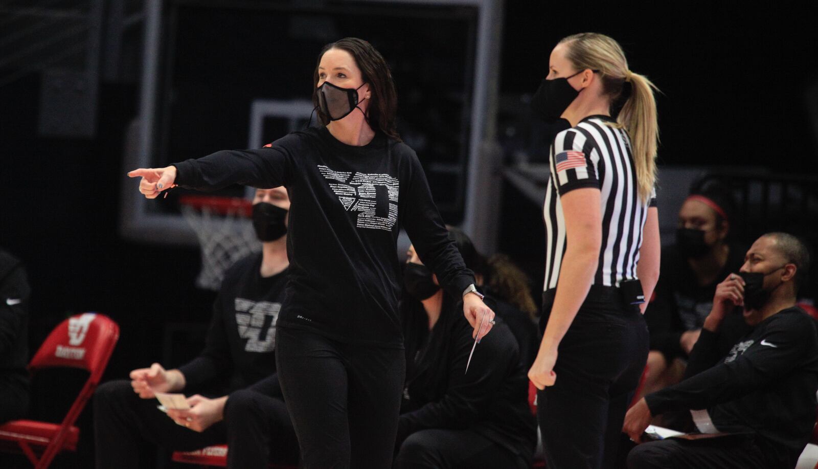 Dayton coach Shauna Green talks to an official during a game against Saint Louis on Saturday, Feb. 20, 2021, at UD Arena. David Jablonski/Staff
