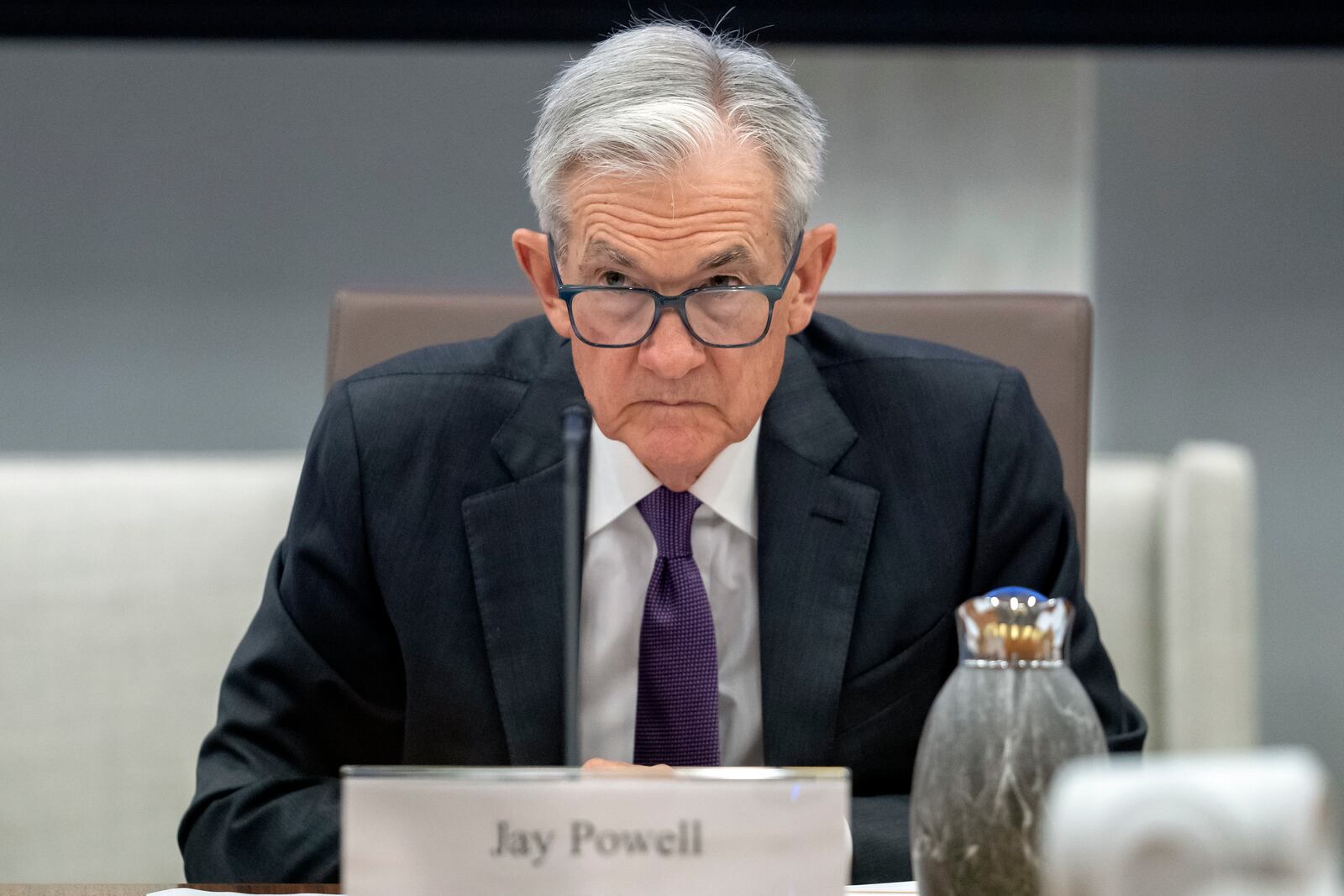 FILE - Federal Reserve Chairman Jerome Powell listens during an open meeting of the Board of Governors at the Federal Reserve on June 25, 2025, in Washington. (AP Photo/Mark Schiefelbein, file)