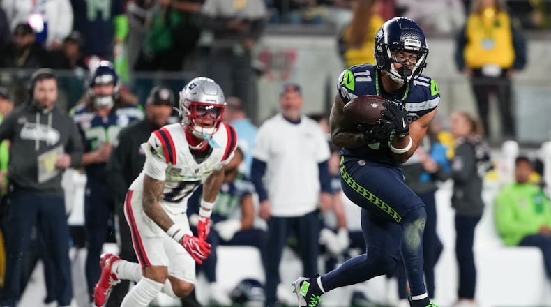 Seattle Seahawks wide receiver Jaxon Smith-Njigba (11) makes a catch during the second half of the NFL Super Bowl 60 football game against the New England Patriots, Sunday, Feb. 8, 2026, in Santa Clara, Calif. (AP Photo/Matt Slocum)