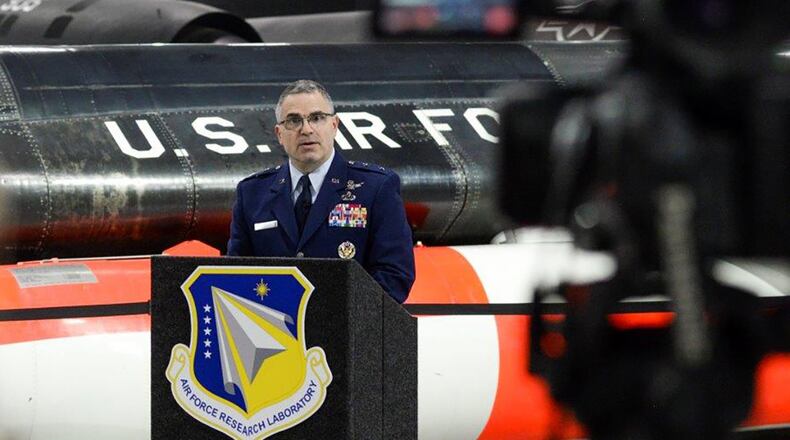 Maj. Gen. William T. Cooley, Air Force Research Laboratory commander, delivers remarks during a press conference inside the National Museum of the United States Air Force, Wright-Patterson Air Force Base, April 18. Cooley spoke on AFRL’s efforts to work with small businesses, and university’s in an effort to focus on speed when it comes to the science and technology strategy as unveiled by Secretary of the Air Force Heather Wilson. (U.S. Air Force photo/Wesley Farnsworth)