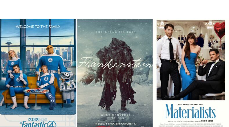 This combination of images shows promotional art for the films "The Fantastic Four: First Steps," from left, "Frankenstein," and "Materialists." (Marvel Studios/Netflix/A24 via AP)