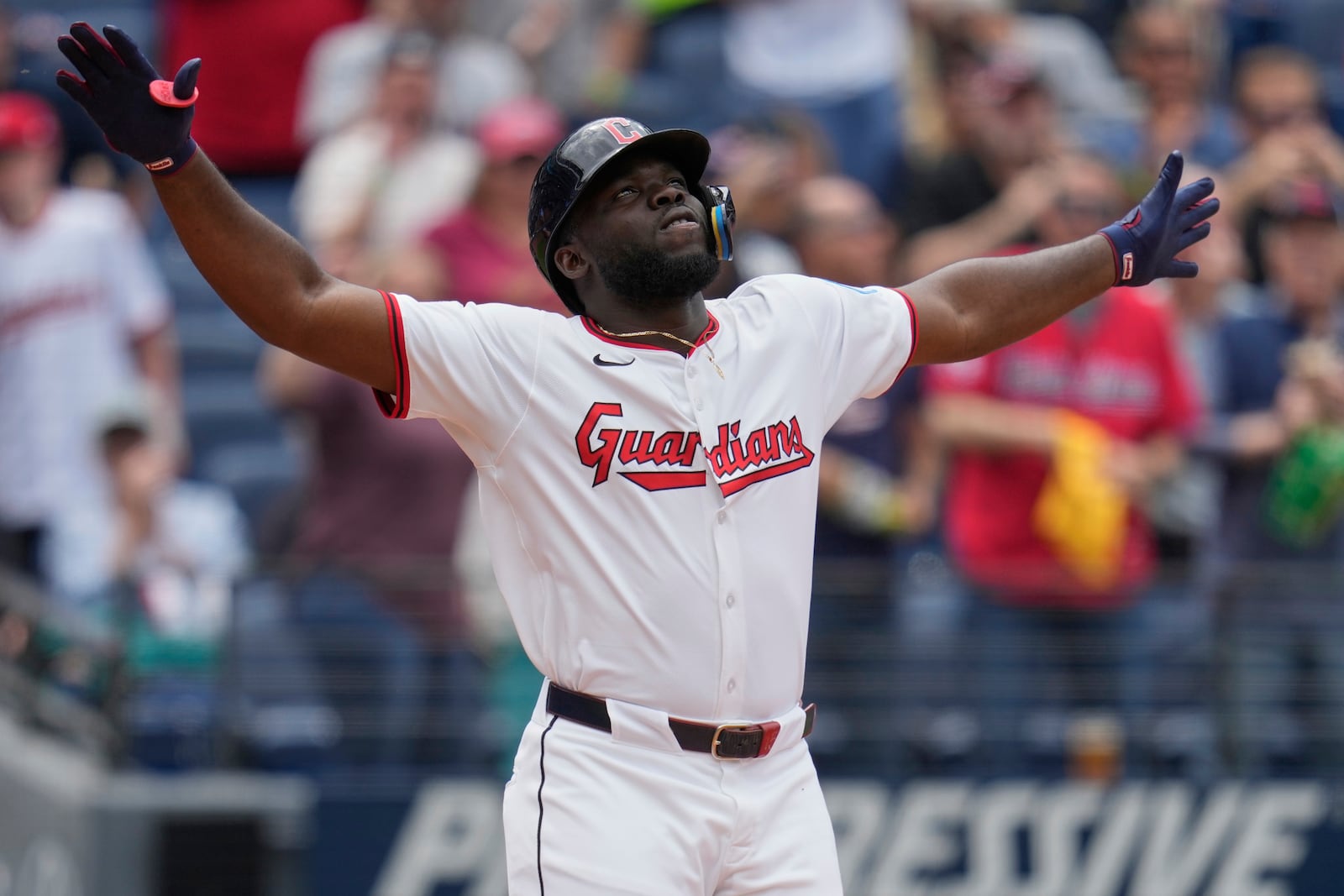 Cleveland Guardians' Jhonkensy Noel gestures as he scores on his home run in the fourth inning of a baseball game against the Minnesota Twins in Cleveland, Thursday, May 1, 2025. (AP Photo/Sue Ogrocki)