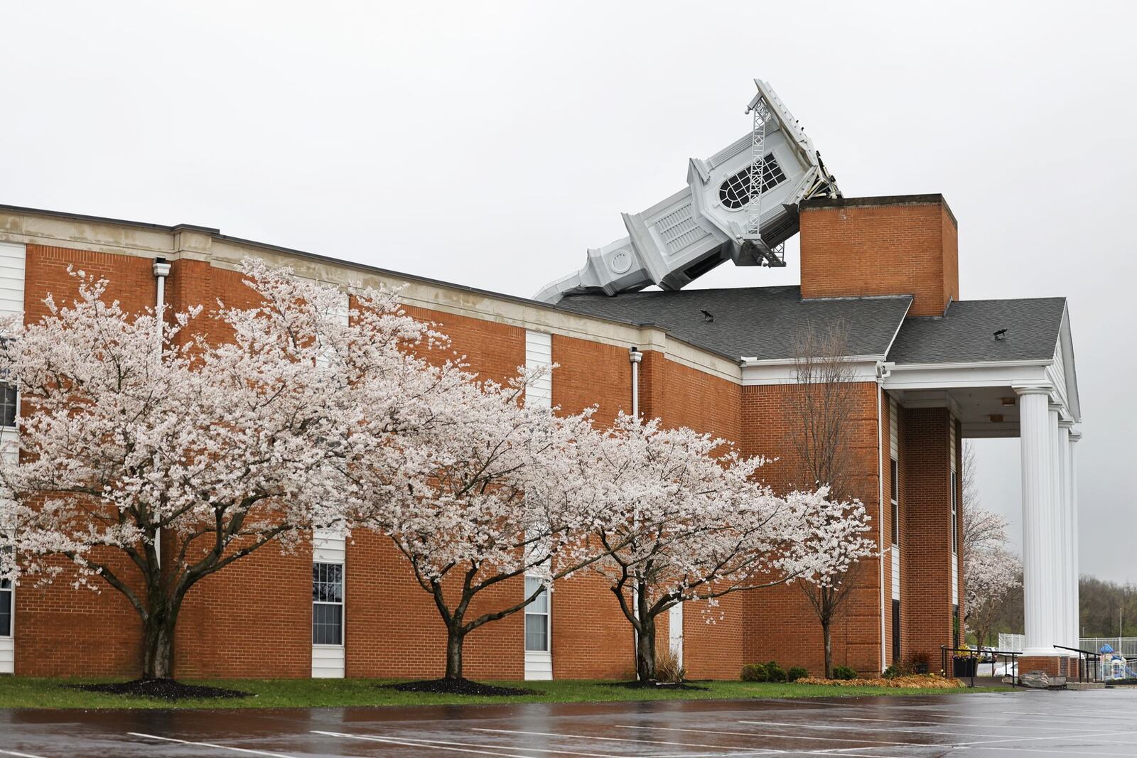 Overnight storms Sunday, March 30 toppled the steeple at Grace Baptist Church. NICK GRAHAM/STAFF