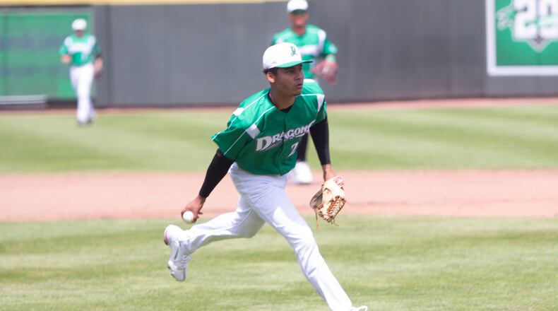 Dayton starting pitcher Eduardo Salazar tosses to first base for an out after being hit the leg by a line drive during Sunday's game against Lansing at Day Air Ballpark. jeff Gilbert/CONTRIBUTED