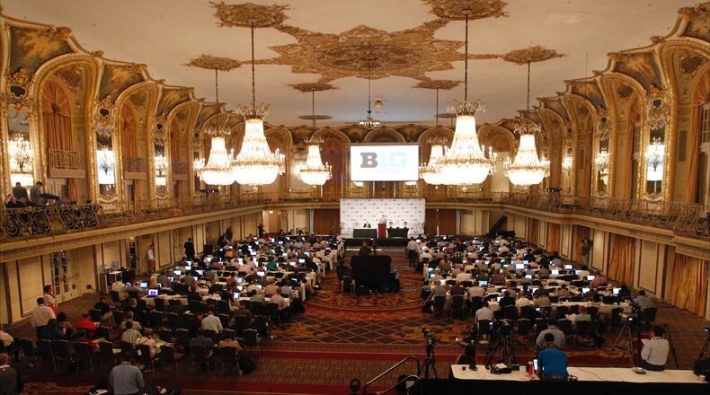 Ohio State coach Urban Meyer addresses the media at Big Ten Football Media Days at the Hilton in Chicago on Monday, July 28, 2014. David Jablonski/Staff