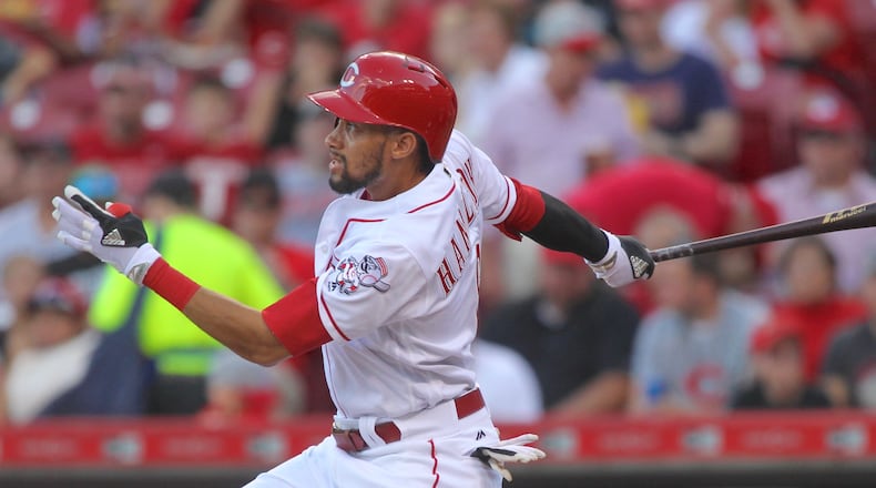 The Reds’ Billy Hamilton hits a home run in the first inning against the Brewers on Tuesday, June 27, 2017, at Great American Ball Park in Cincinnati. David Jablonski/Staff
