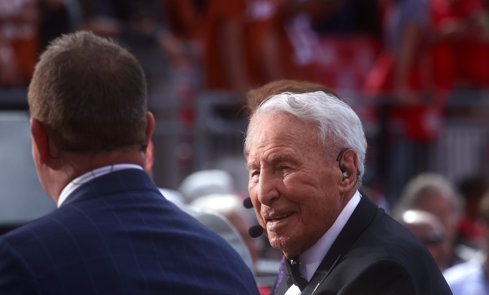 ESPN's Lee Corso appears on his final College GameDay before Ohio State's game against Texas on Saturday, Aug. 30, 2025, at Ohio Stadium in Columbus. David Jablonski/Staff