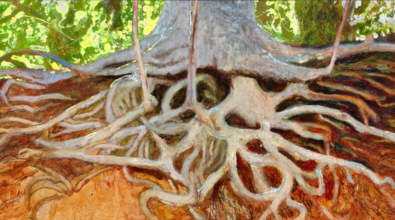 Jamie Wyeth (b. 1946), Roots, Revisited,
2019, Acrylic, oil, and enamel on panel, 48 x 96 in., The Phyllis and Jamie Wyeth Collection. Jamie Wyeth / Artists Rights Society (ARS). NY