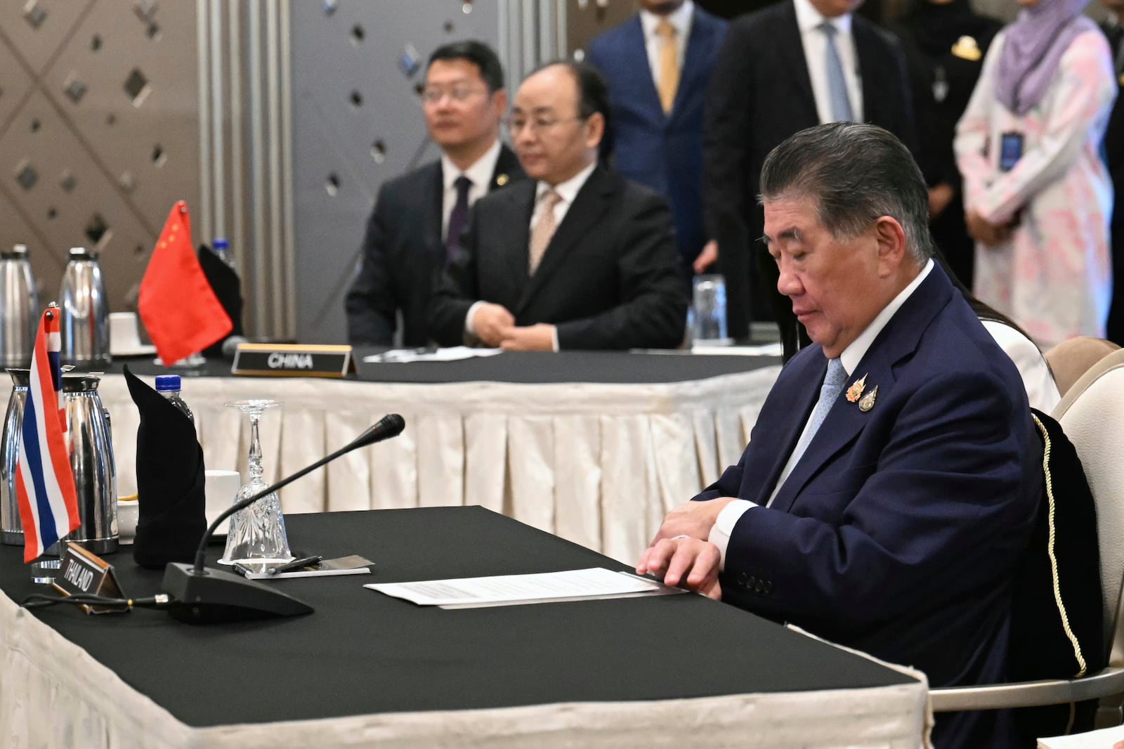 Thailand's acting Prime Minister Phumtham Wechayachai takes part in talks with Cambodia's Prime Minister Hun Manet, mediated by Malaysia's Prime Minister Anwar Ibrahim, on a possible ceasefire between Thailand and Cambodia in Putrajaya Monday, July 28, 2025.(Mohd Rasfan/Pool Photo via AP)