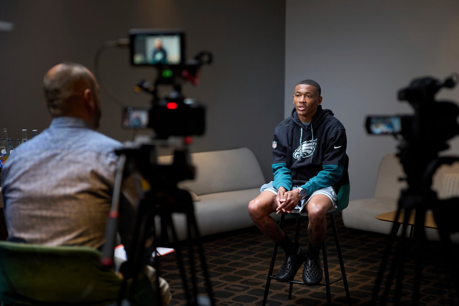 Philadelphia Eagles DeVonta Smith speaks during an interview with the Associated Press in Barcelona, Spain, Monday, May 12, 2025. (AP Photo/Emilio Morenatti)