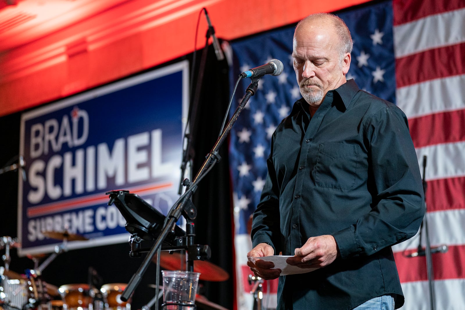 Wisconsin Supreme Court candidate Brad Schimel makes his concession speech to a crowd at his election night party, in Pewaukee, Wis., April 1, 2025. (AP Photo/Andy Manis)