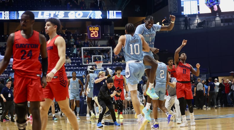 Rhode Island celebrates a victory against Dayton on Wednesday, Jan. 25, 2023, at the Ryan Center in Kingston, R.I. David Jablonski/Staff
