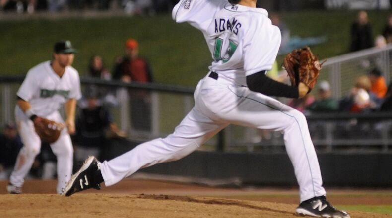 Dragons reliever Jesse Adams struck out the side in the eighth inning in this September 2017 photo at Fifth Third Field. MARC PENDLETON / STAFF