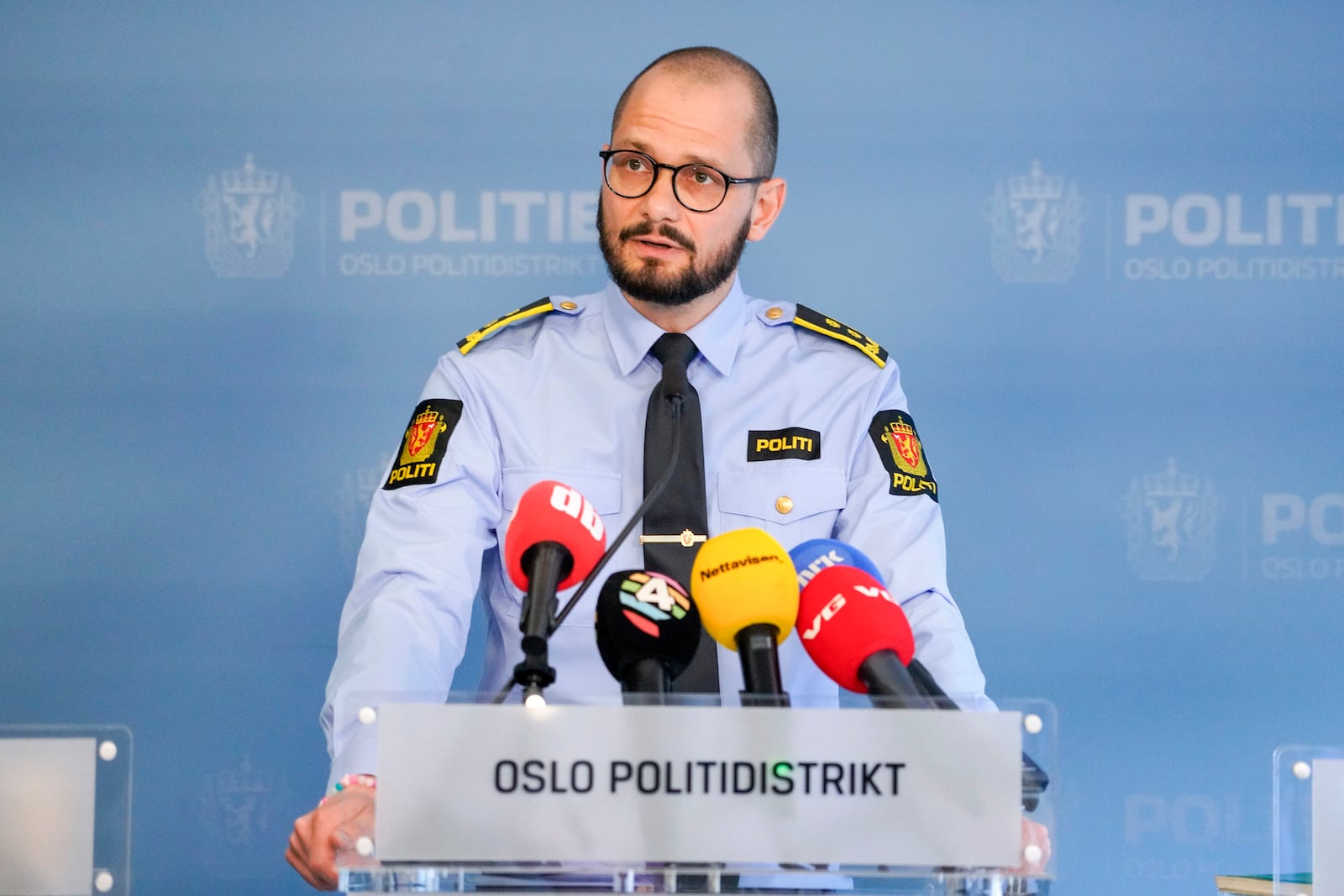 Police Attorney Andreas Kruszewski from the Oslo Police District, gives an update on the case against Marius Borg Høiby in the press room at the Police Headquarters in Oslo, Friday, June 27, 2025. (Ole Berg-Rusten/NTB Scanpix via AP)