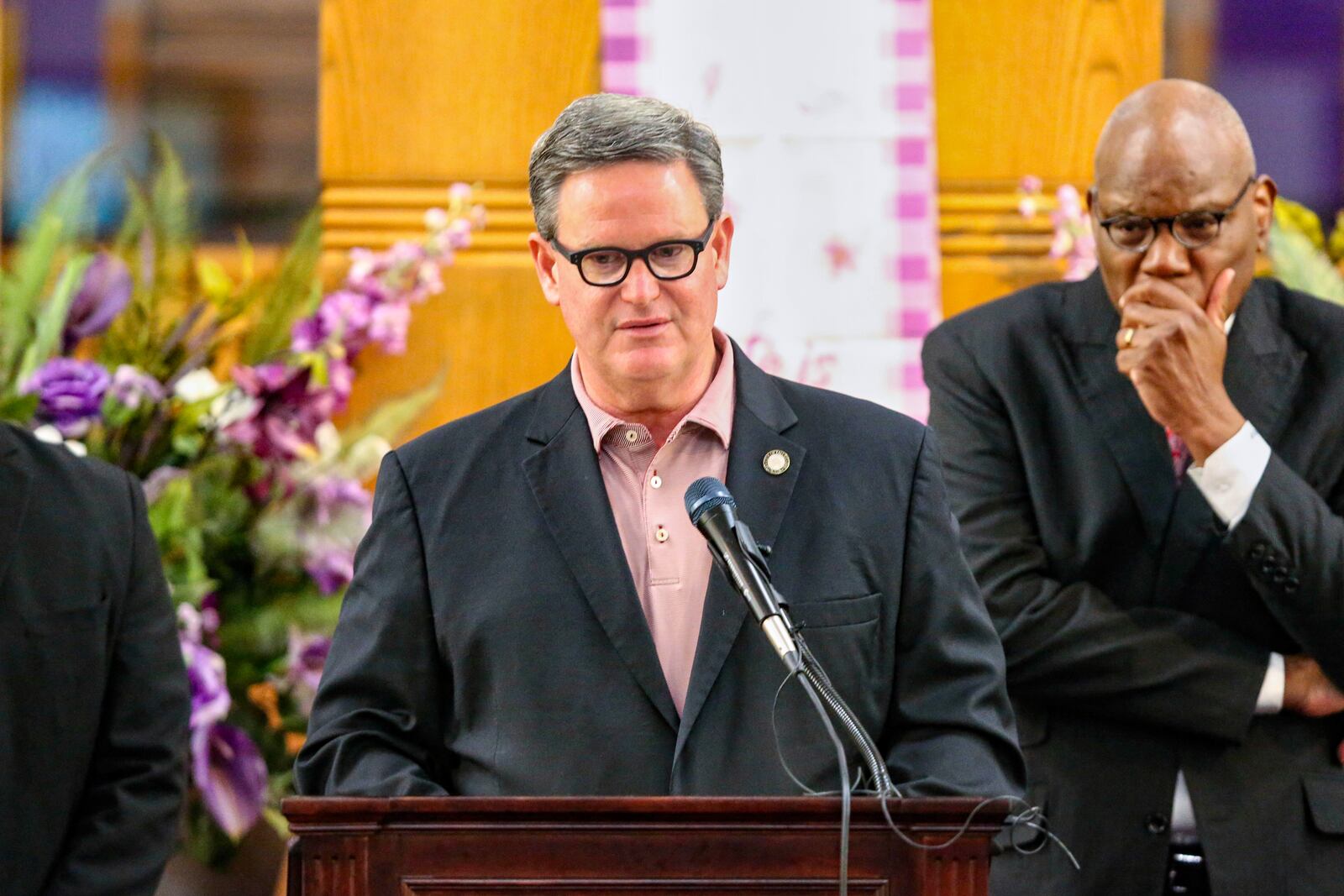 Tallahassee Mayor John Dailey addresses the Bethel Missionary Baptist Church congregation about the shooting at Florida State University before a Good Friday service, Tallahassee, Fla., Friday, April 18, 2025. (AP Photo/Gary McCullough)