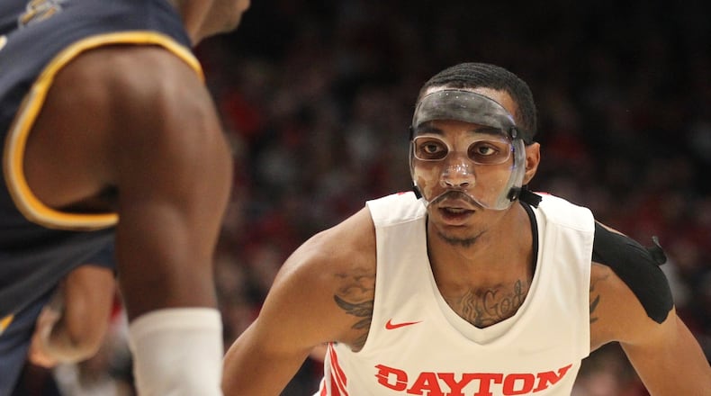 Dayton’s Rodney Chatman plays defense against Cedarville in an exhibition game at UD Arena on Saturday, Nov. 2, 2019. David Jablonski/Staff