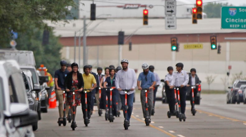 Kettering last week joined Dayton among area cities allowing the shared mobility devices, or scooters.
They have been outlawed in Oakwood, which labeled “dockless electric scooters and bicycles” a “public nuisance.” FILE