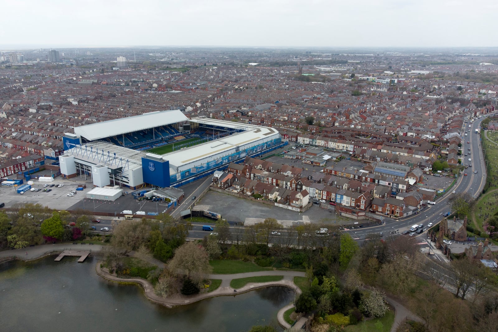 FILE - Everton's Goodison Park Stadium is seen in Liverpool, England, Wednesday, April 21, 2021. (AP Photo/Jon Super, File)