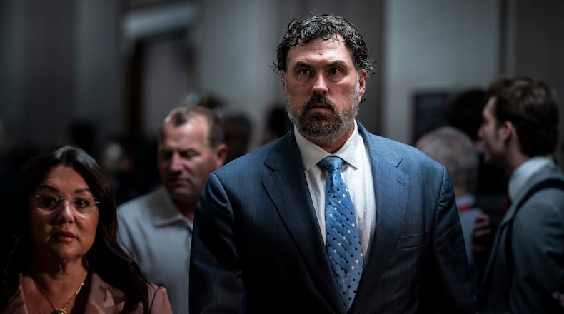 Rep. Morgan Luttrell (R-Texas) walks into a Republican House speaker candidate forum featuring House Majority Leader Rep. Steve Scalise (R-La.) and Rep. Jim Jordan (R-Ohio) on Capitol Hill in Washington, Oct. 10, 2023. (Haiyun Jiang/The New York Times)