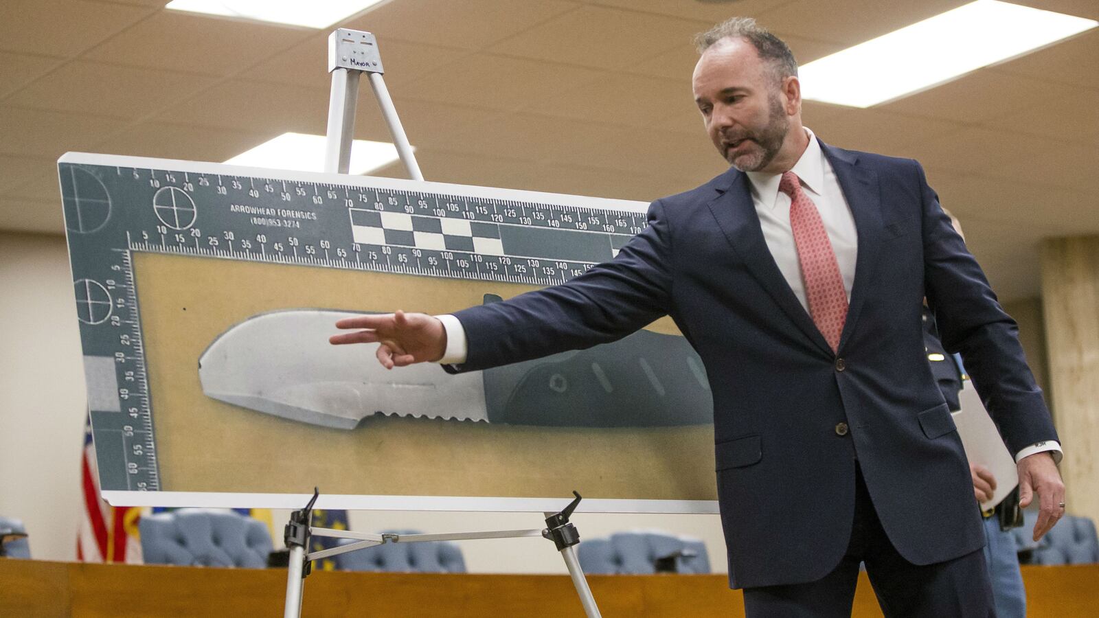 Special Prosecutor Ric Hertel on Friday, March 6, 2020, talks about the knife recovered from Eric Logan following his fatal shooting at the hands of South Bend police Officer Ryan O'Neill on June 16, 2019, in South Bend, Ind. Hertel announced that O'Neill has been cleared in the shooting. (Michael Caterina/South Bend Tribune via AP)