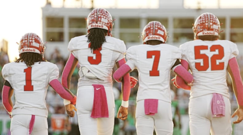 L to R: Senior #1 Teon Hill, Senior #3 JaDynn Martin, Junior #7 Sulaiman Muhammed, and Junior #52 Camron Moss. Northridge Team captains going out for the coin toss against Bethel. The Polar Bears won the game 49 – 7.