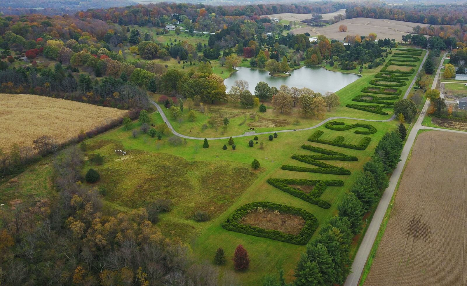Drone photograph of the hedge row  at Dawes Arboretum in Licking County. Photo by Doral Chenoweth III . 