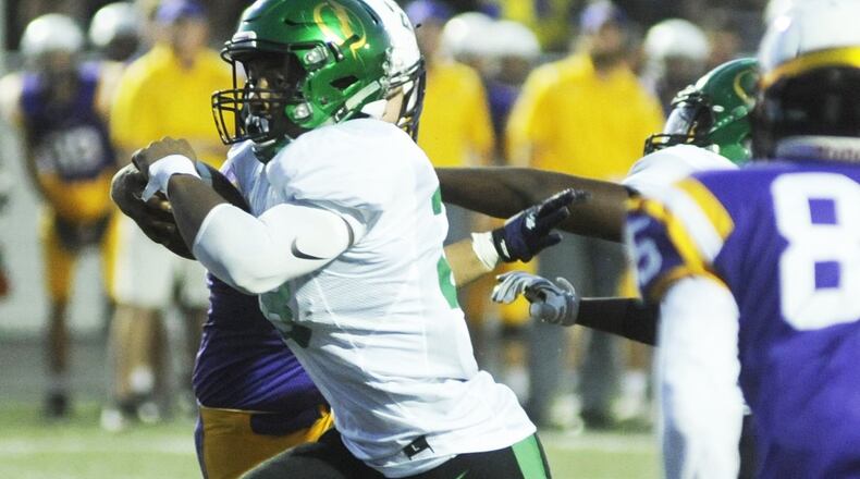 Northmont’s Devin Kenerly takes off on a 12-yard TD run. He also recovered a fumble for a touchdown on the second play from scrimmage. Vandalia-Butler hosted Northmont in a Week 4 high school football game at Butler Memorial Field in Vandalia on Thursday, Sept. 15, 2016. MARC PENDLETON / STAFF