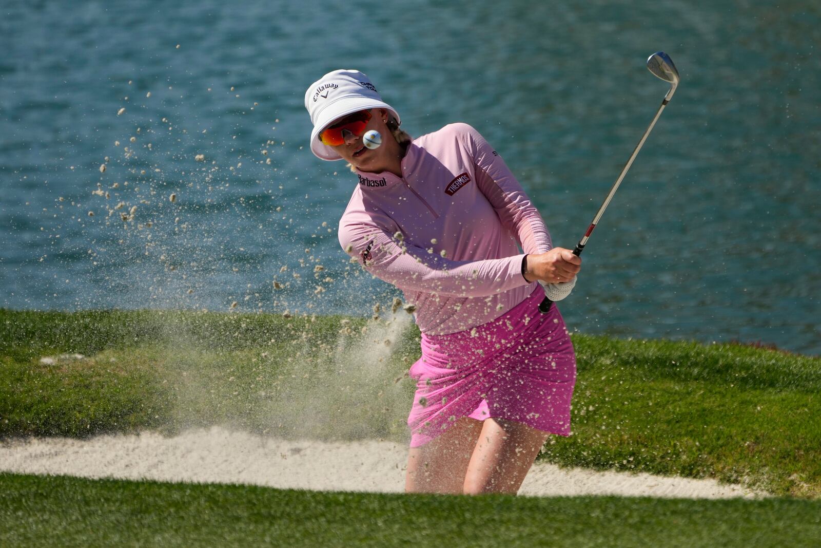 Madelene Sagstrom hits out of a bunker on the fourth houle during the final round of the LPGA T-Mobile Match Play golf tournament Sunday, April 6, 2025, in North Las Vegas, Nev. (AP Photo/John Locher)